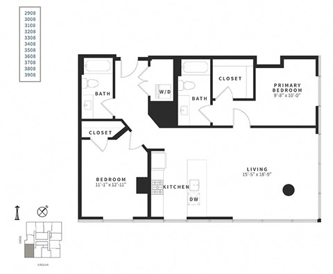 Floor plan for 2 beds, 2 baths, 1130 sqft